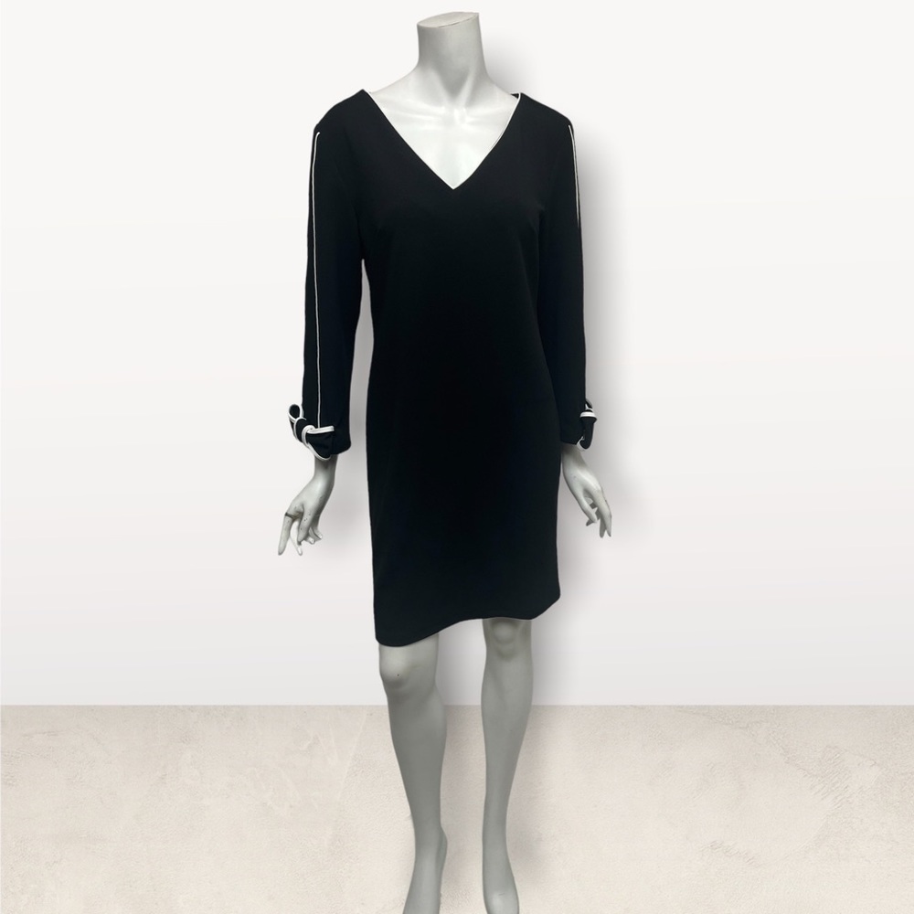 Black V-Neck Long Sleeve Dress with Contrast Sleeve Trim
